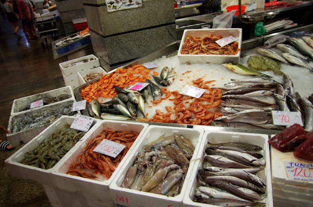 En un puesto del mercado de Mallorca, una variedad de marisco fresco, como pescado, gambas y calamares, se expone sobre hielo y en recipientes blancos con etiquetas de precio, ofreciendo una muestra del lujo local.