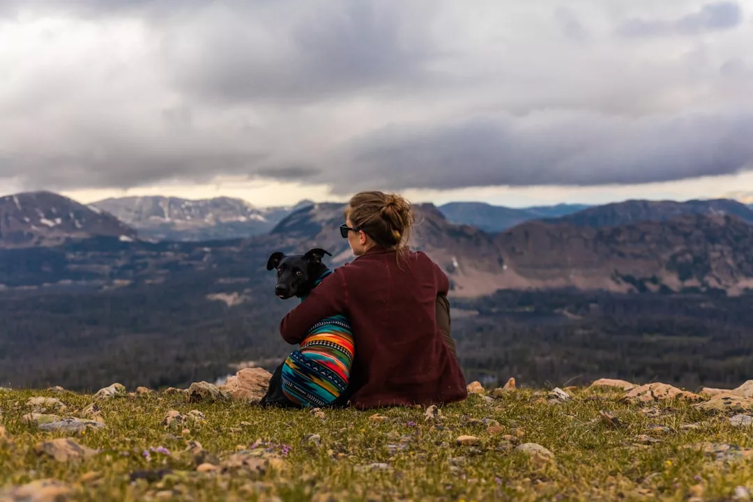 Una persona sentada en la cima de una colina cubierta de hierba en Mallorca, abrazada a un perro negro, frente a unas montañas lejanas bajo un cielo nublado: un momento tranquilo de lujo en medio de la naturaleza.
