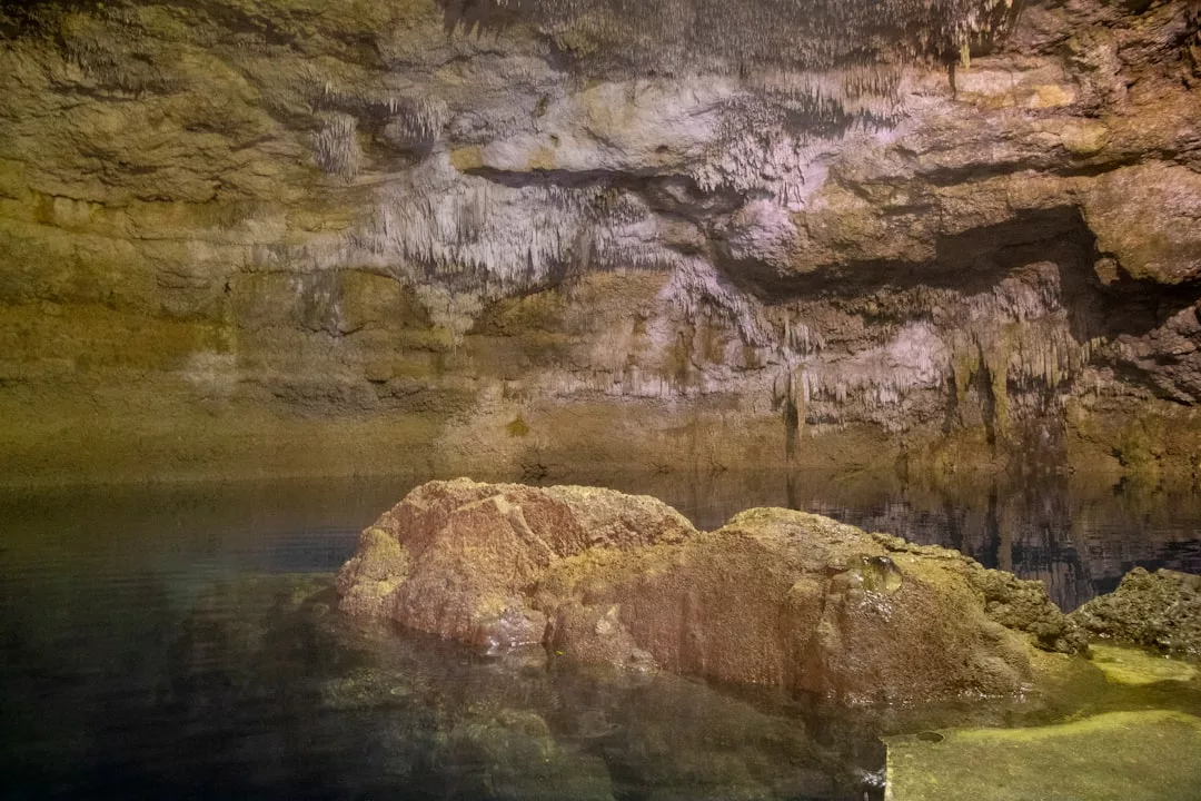 Formaciones rocosas en el interior de una cueva de Mallorca con un estanque de agua estancada en la base; el lujo emana de las estalactitas que cuelgan elegantemente del techo de la cueva.