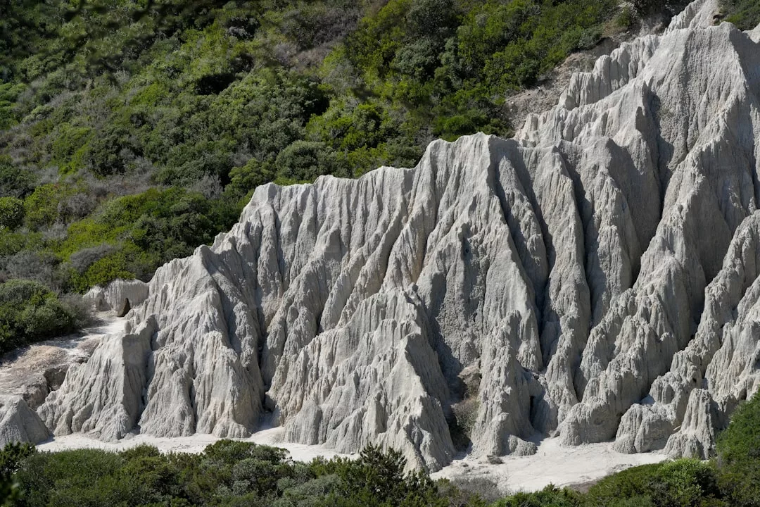 Acantilados erosionados de arcilla blanca con crestas afiladas se elevan sobre arbustos verdes y vegetación en una ladera de Mallorca, creando una escena de lujo natural.