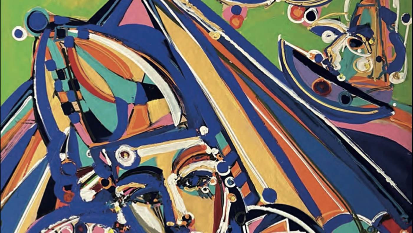 Detalle de una pintura de gran formato de Markus Tollmann en azul, naranja y verde