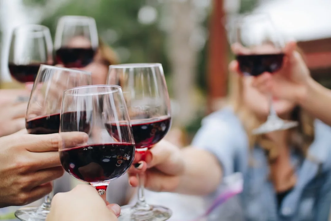 Un grupo de personas chocando copas de vino tinto en un entorno al aire libre, disfrutando del lujo del impresionante paisaje de Mallorca.