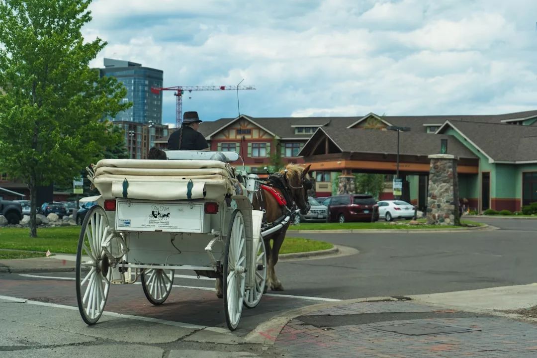 Un coche de caballos con un conductor con sombrero negro recorre una calle cerca de edificios modernos y rústicos bajo un cielo nublado de Mallorca, evocando una sensación de lujo y elegancia atemporal.