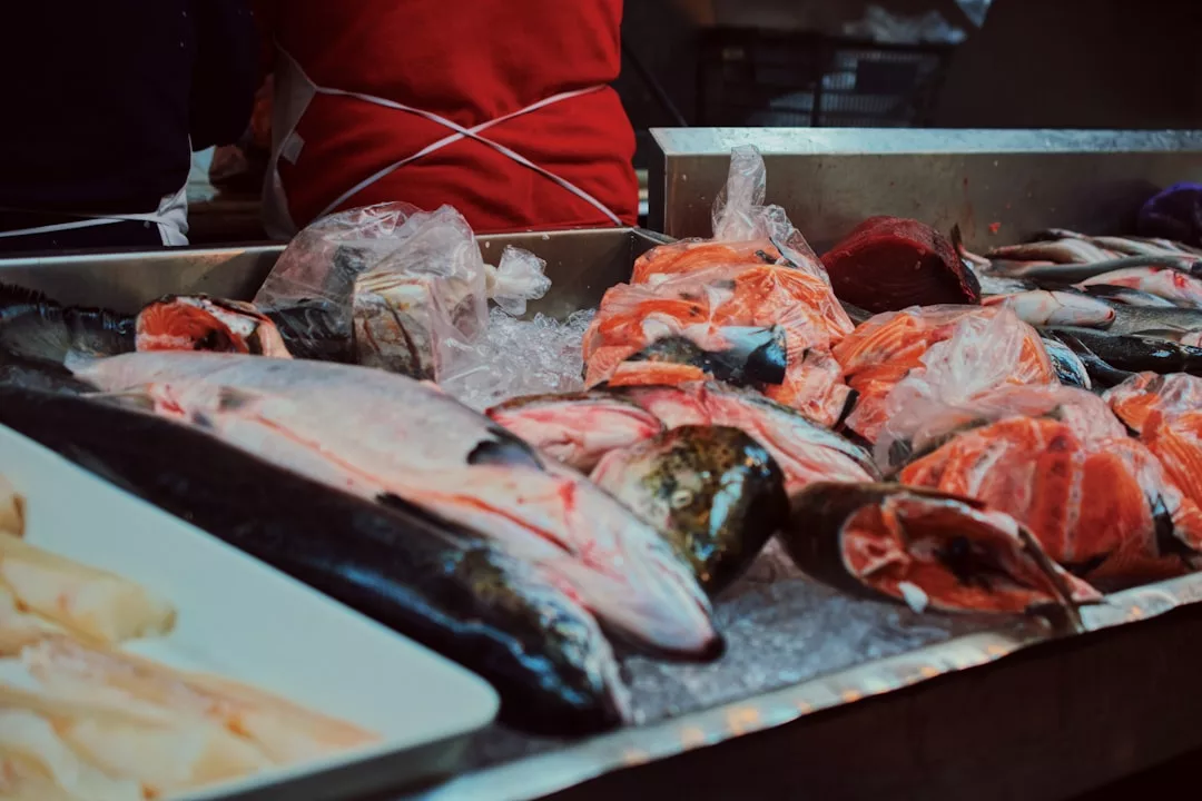 Una gran variedad de pescados crudos, algunos envueltos en plástico, expuestos sobre hielo en el mostrador de un mercado de Mallorca, muestra el marisco fresco y el lujo culinario de la región.
