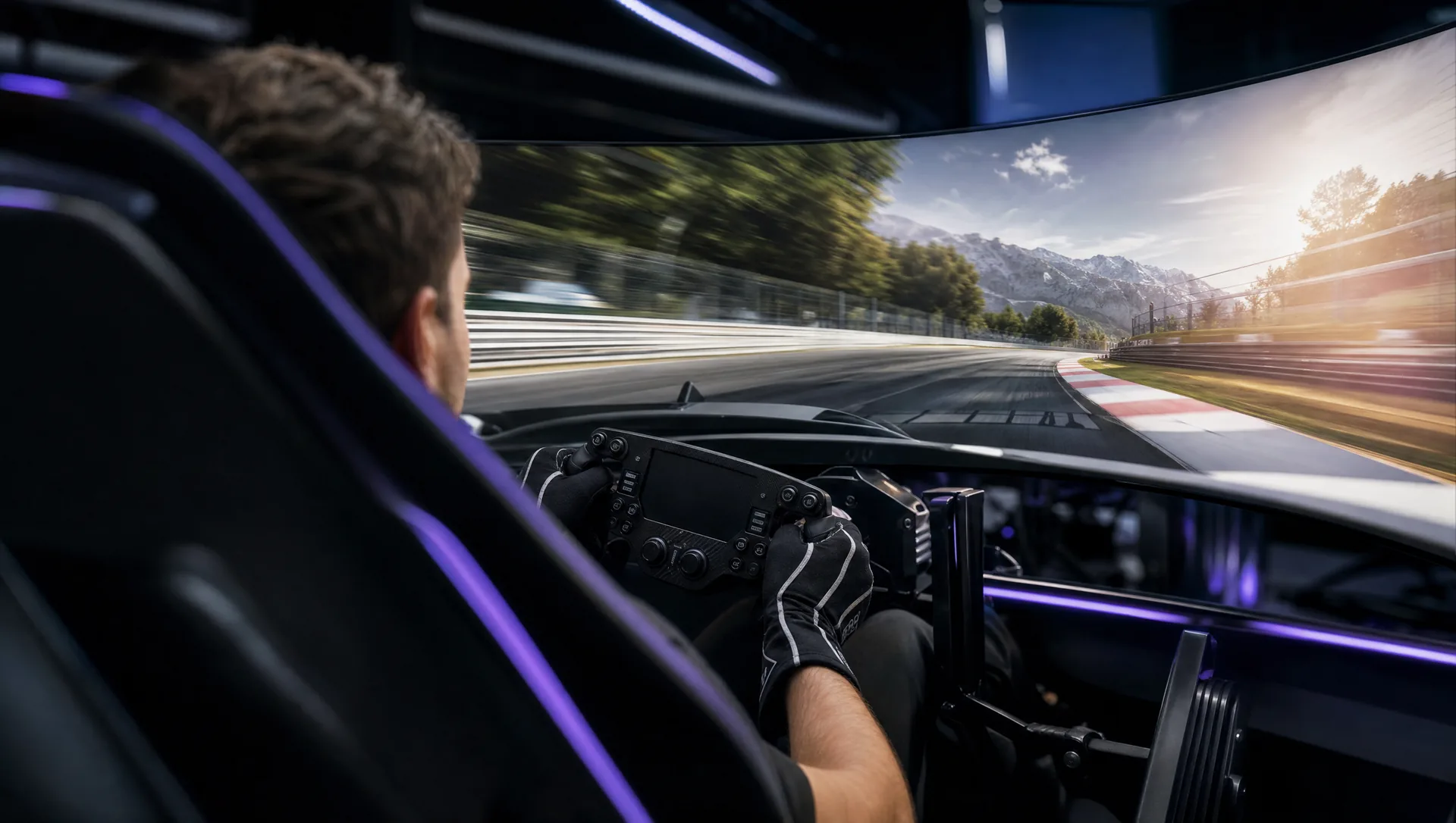 Piloto al volante de un simulador de conducción profesional con volante direct-drive y triple pantalla en el Sim.Racing Center de Motorworld Mallorca.